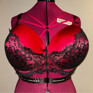 Cacique Boost Balconette Red Black Strappy Lace Bra Lane Bryant 46F 46DDD